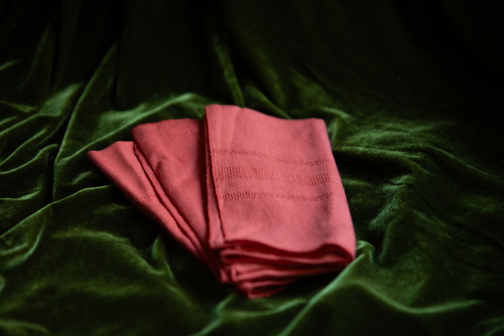 napkins folded on a velvet table cloth